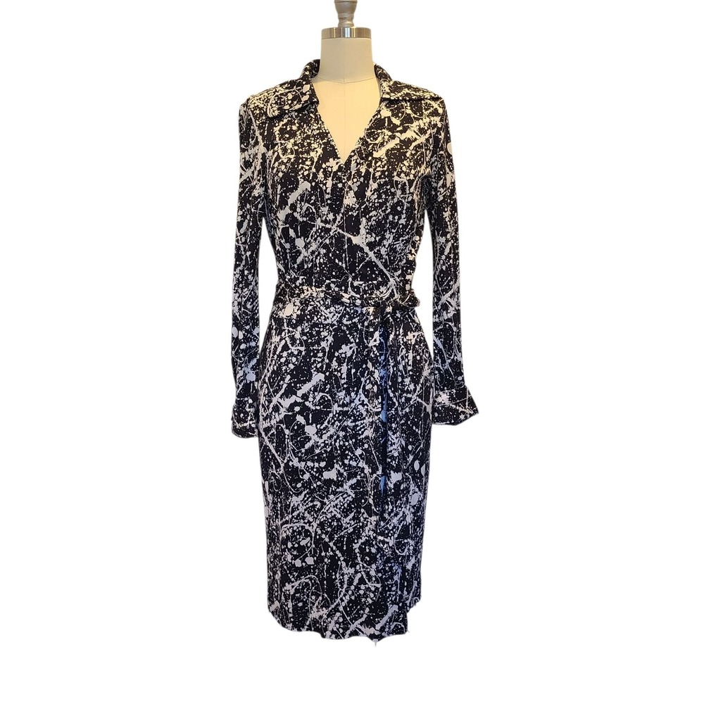 Diane Von Furstenberg Black White Splatters Print Silk-Jersey Wrap Dress  10‎